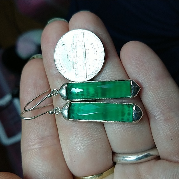 Green stone 925 sterling silver dangle earrings India ys - Picture 3 of 5